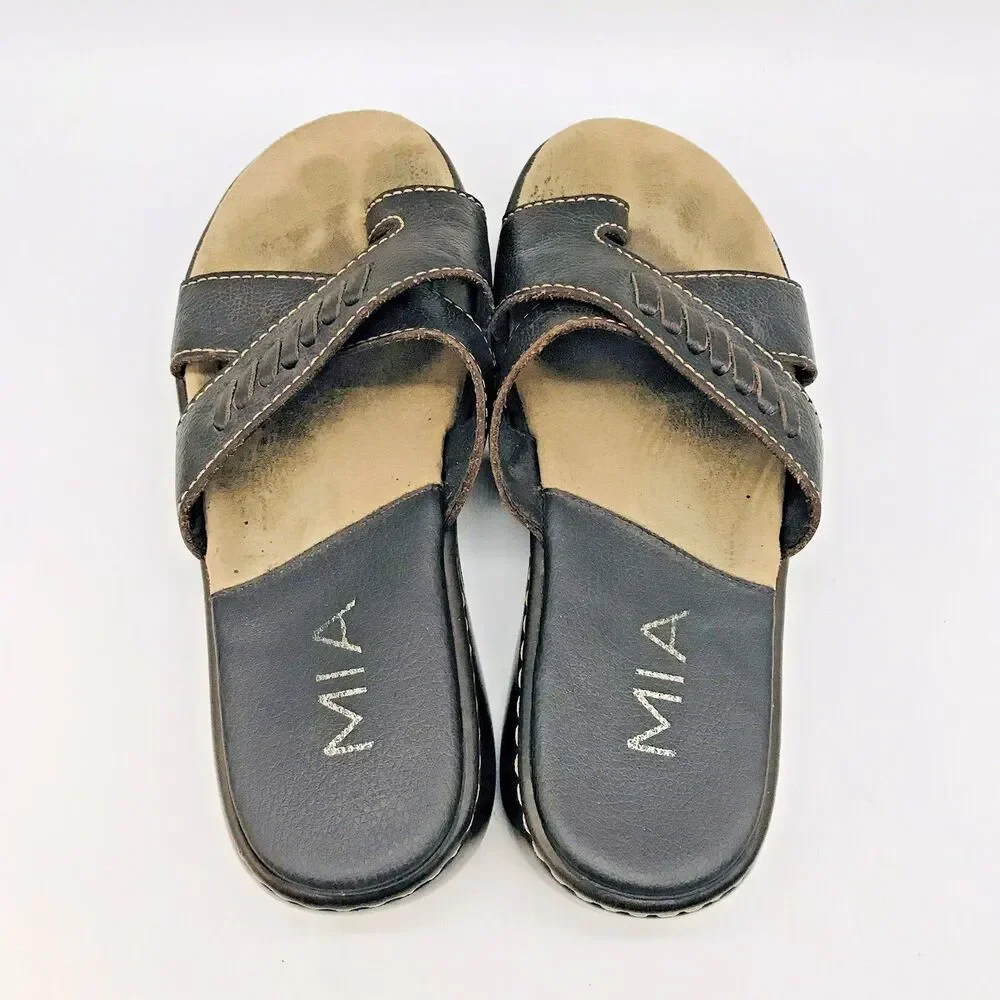 MIA Brown Leather Sandals Women's 6M Casual Slip On Platform Wedge Slide Brazil